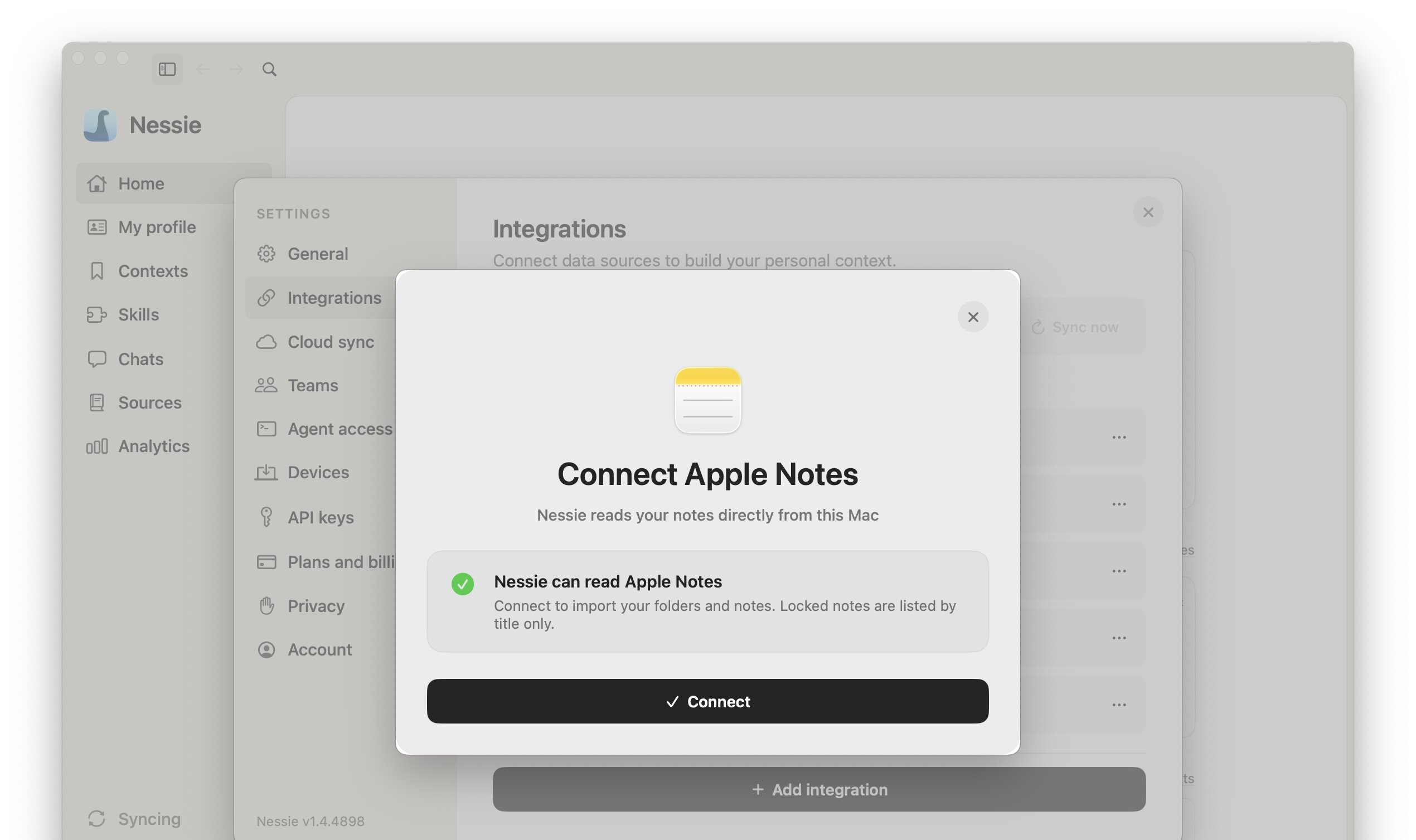 Connect Apple Notes sheet with Full Disk Access granted