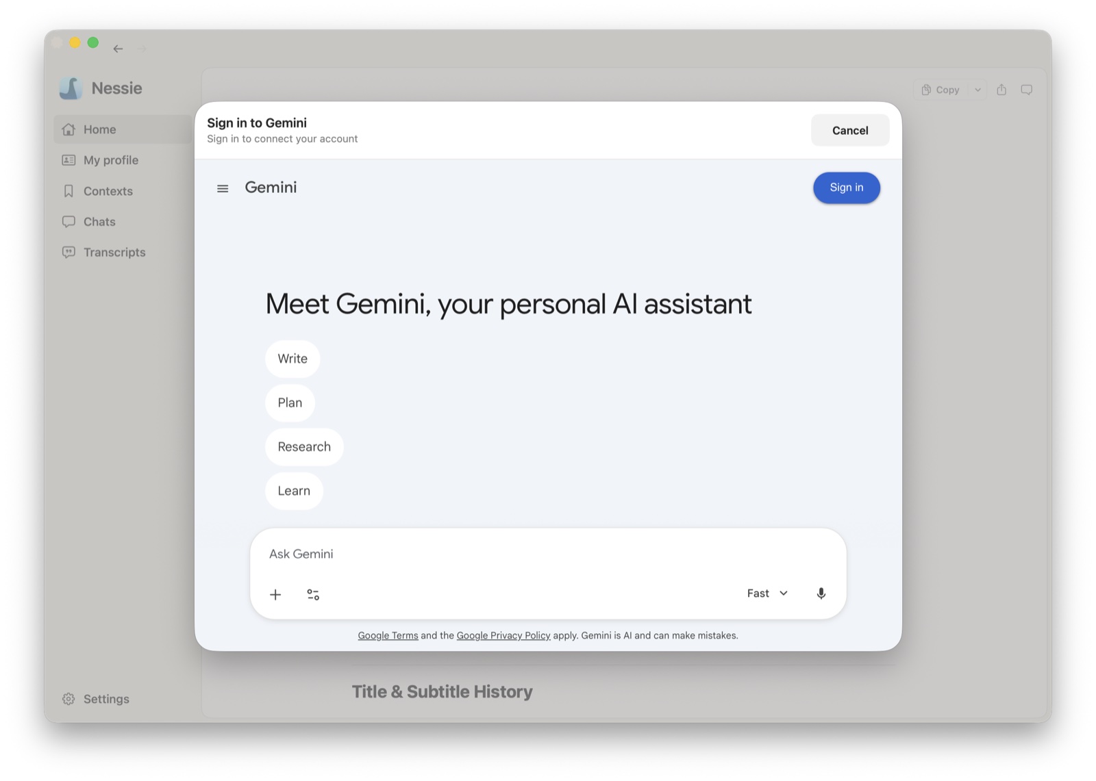 Gemini sign-in flow
