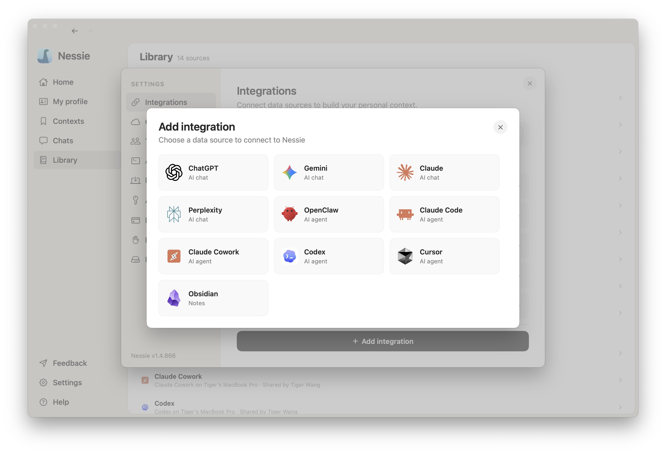 Integration picker with Cursor and Obsidian