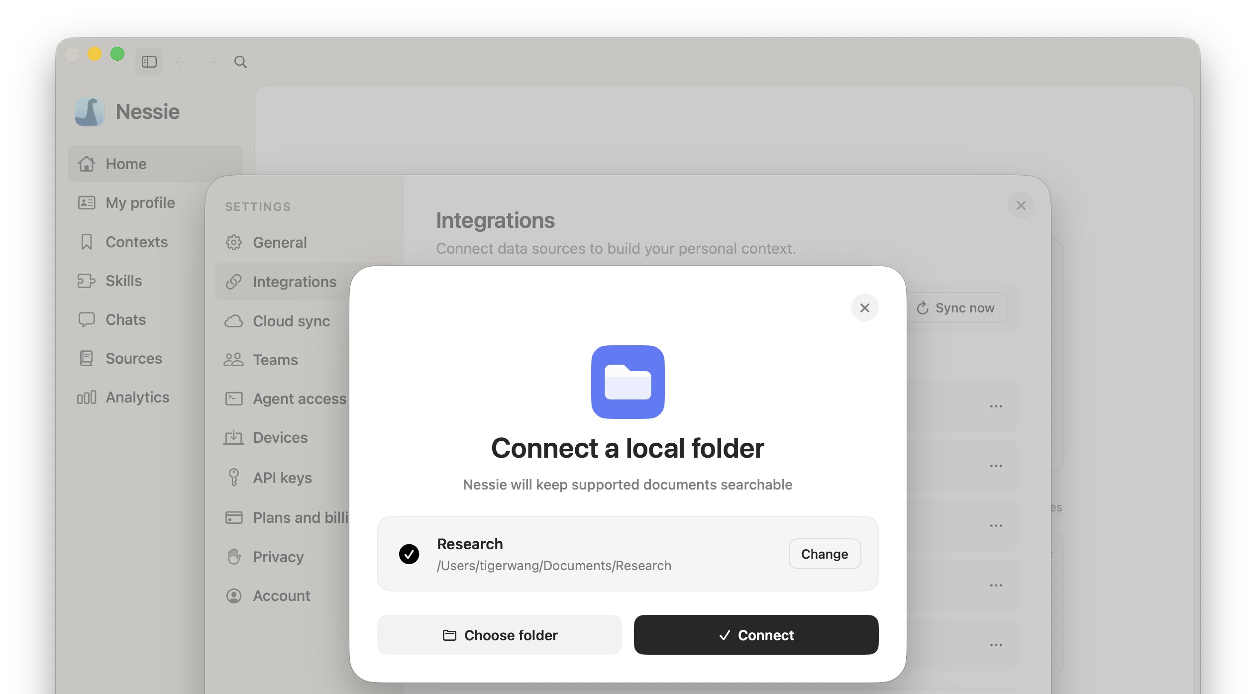 Local Folder setup with a folder selected