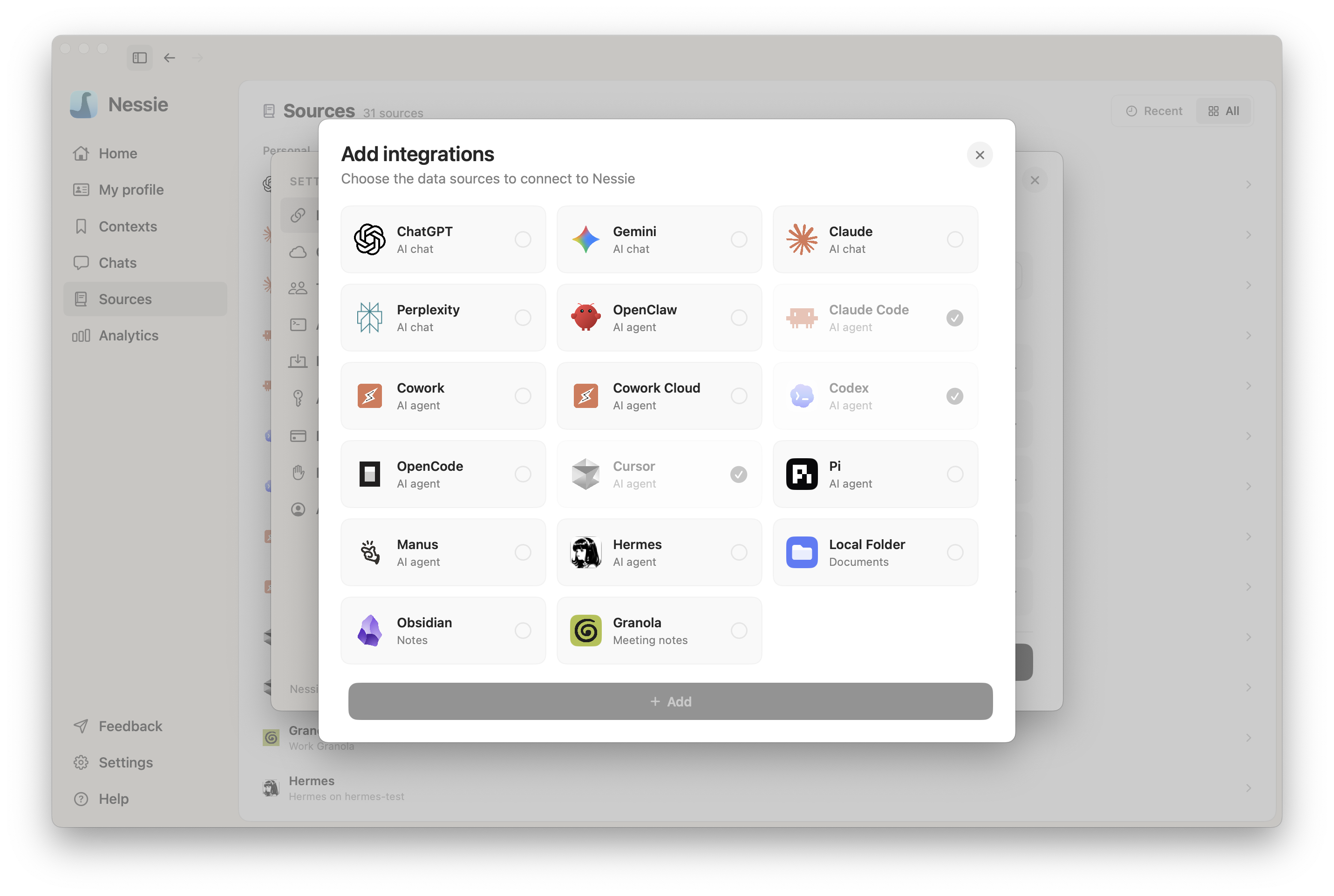 OpenCode in the Add integrations picker