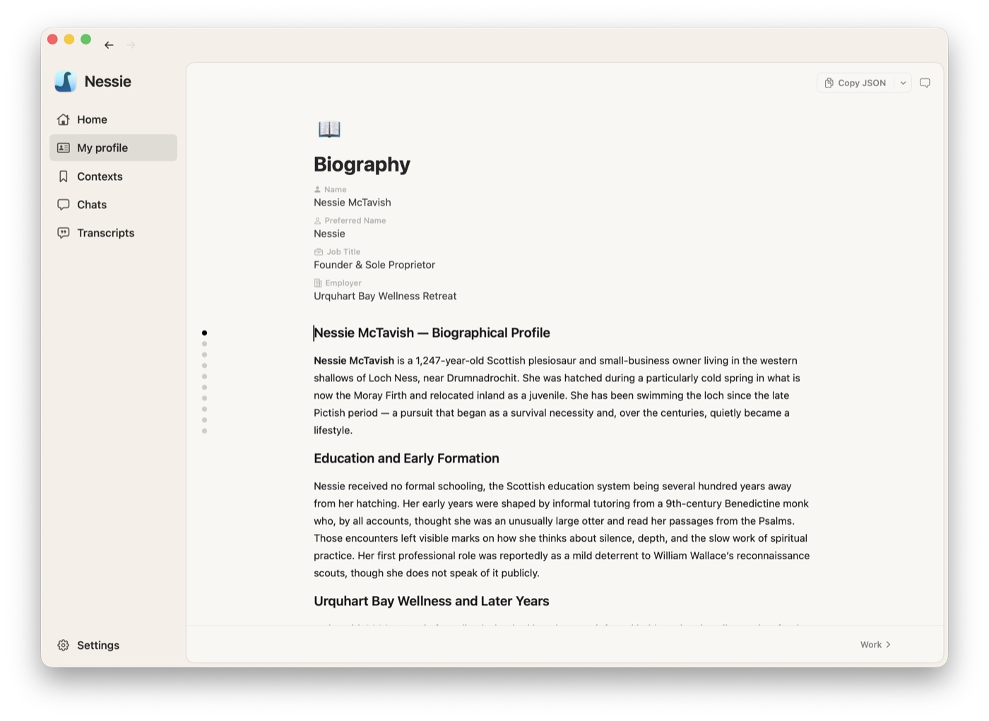 Profile view showing section tabs